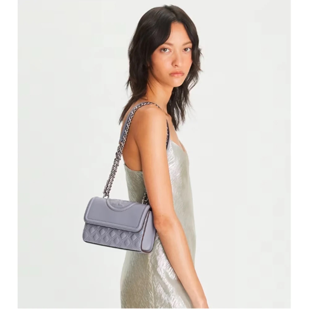 Tory Burch Fleming Quilted Light Blue Leather Shoulder Bag with Tassel